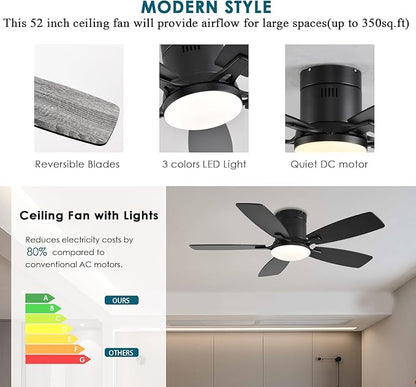 Ayaoty Ceiling Fans with Lights, 42 inch Low Profile Ceiling Fan with Light and Remote Control, Flush Mount, Reversible Motor, Dimmable, Noiseless, Black Ceiling Fan for Bedroom, Indoor/Outdoor Use