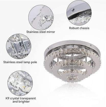 13.8" Flush Mount Chandelier LED Crystal Ceiling Light Fixture 3 Tier Ring Crystal Chandeliers for Bedrooms Dining Room Living Room,3 Colors Adjustable