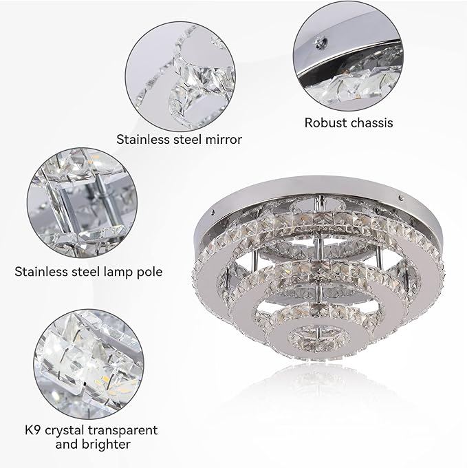 13.8 Inch Modern Crystal Chandeliers LED Crystal Ceiling Light 3 Tiers Ring Flush Mount Chandelier Ceiling Lights with Remote for Bedroom Living Room Kitchen Dimmable
