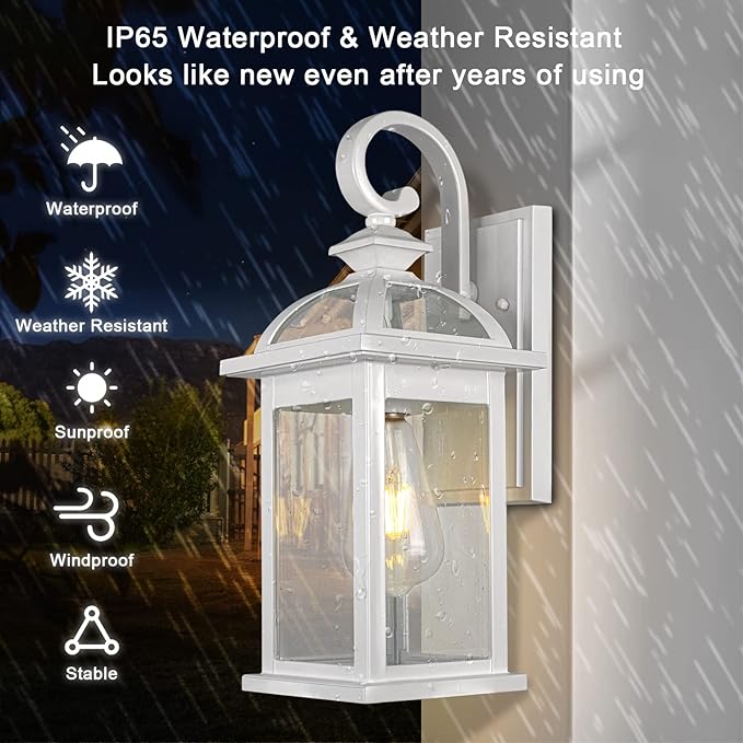 Darkaway Outdoor Lights Fixtures Wall Mount, Outdoor Wall Sconce with Seeded Glass, Waterproof Exterior Lights for House, Front Porch, Patio (1 Pack, White)