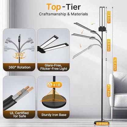 Syrinx LED Floor Lamp, 18W 2000LM Bright Reading Floor Lamp for Office, Gesture & Remote Control, Dual Head Goose-Neck Standing Lamp, Dimmable Brightness & Color Temp, Eye Caring Light for Living Room