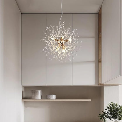 Small Crystal Chandelier, 8-Light Modern Sputnik Hanging Light Fixtures in Gold, Round Dandelion Pendant Lighting for Kitchen Island Bedroom Bathroom Entryway Dining Room (Gold, D15.7inch)