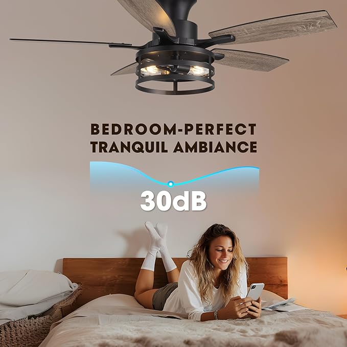 42 Inch Flush Mount Ceiling Fans with Lights and Remote Control, Farmhouse Ceiling Fan with LED Lighting for Bedroom Living Room and Patio, Black Caged Ceiling Fan for Indoor and Outdoor(NO Bulbs)