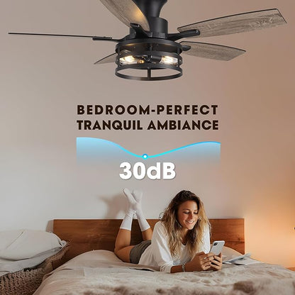 42 Inch Flush Mount Ceiling Fans with Lights and Remote Control, Farmhouse Ceiling Fan with LED Lighting for Bedroom Living Room and Patio, Black Caged Ceiling Fan for Indoor and Outdoor(NO Bulbs)