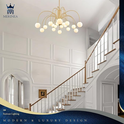 Extra Large Mid Century Sputnik Chandelier L59’’ 18 Lights Modern Gold Milk Glass Globe Ceiling Pendant Light Fixture for Foyer Staircase Living Dining Room High Ceiling