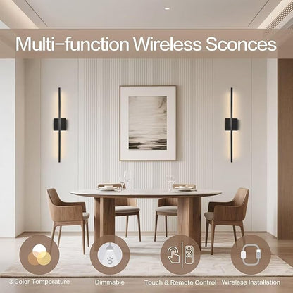Rechargable Wall Sconce Set of Two, Modern Wireless Living Room Wall Decor Lights with Remote, 28.35Inch Dimmable Indoor Home Decor Lights for Bedroom, Living Room, Hallway (Black/Square)