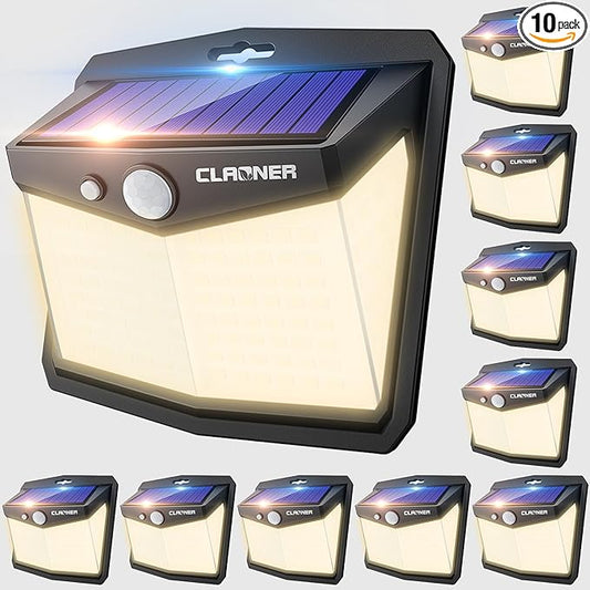 CLAONER Solar Lights Outdoor, [128 LED/10 Packs] Motion Sensor Lights 3 Working Modes for Outdoor with 270° Wide Angle Wireless IP65 Waterproof Security Light for Fence, Patio, Warm White