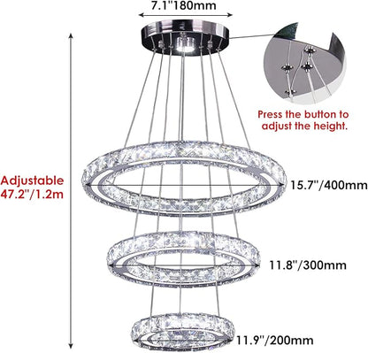 Modern Crystal Chandeliers DIY 3 Rings Dimmable Ceiling Light Fixture LED Pendant Lamp for Kitchen Dining Room Living Room Bedroom 180mm Base 153 Crystals (Dimmable)