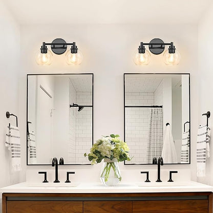 Black Bathroom Vanity Lights, 2-Light Wall Sconce with Glass Globe Shade, Vanity Lighting for Bathroom/Bedroom/Dressing Room, Vertical/Horizontal Mounted, E26 Bulb Base (Bulb Not Included)