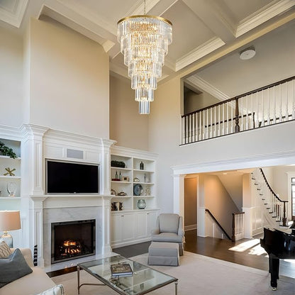 Gold Long Crystal Chandelier for High Ceiling, Height 47 inch 7-Tier Modern Large Chandeliers Lighting Fixture, Round Light for Entryway Staircase Foyer