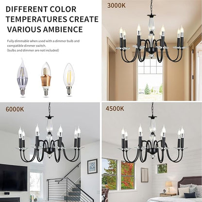 Black Chandelier, 8-Light Farmhouse Candle Chandelier for Living Room, Rustic Industrial Pendant Chandeliers for Dining Room, Vintage Crystal Hanging Light fixture for Hallway Kitchen Foyer E12