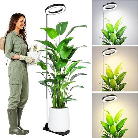LBW Grow Lights for Indoor Plants, 6.3" Full Spectrum Plant Light with Base, 59" Height Adjustable Grow Lamp, 6/8/12/16H Auto Timer, 3 Light Color, 5 Dimmable Level, for Tall Large Plant, Black,1 pack