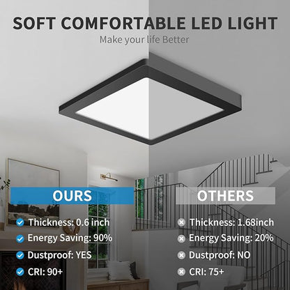4 Pack 7 Inch Square Black Ceiling Light, 12W, 120V, 3000K/4000K/5000K, Dimmable Slim LED Ceiling Lights, Close to Ceiling Light Fixtures for Bedroom, Hallway, Laundry, ETL Listed, Each Side is 6.38"