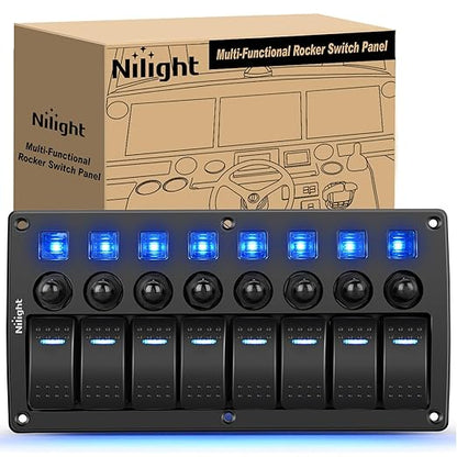 Nilight 8 Gang Rocker Switch Panel Waterproof Pre-Wired Marine with Resettable Circuit Breaker LED Backlight 5A 10A 15A Breakers 12V 24V ON Off 3 PIN Toggle Switches for Car Truck Boat RV