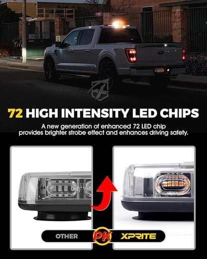 Xprite Upgraded 12" 72LED Rooftop Mini Strobe Lights, Emergency Safety Flashing Beacon Light bar with Magnetic Base for 12V-24V Construction Vehicles, Trucks, Snow Plow, Postal Car (Amber/White)