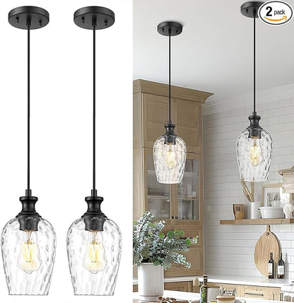 2-Pack Pendant Lights Kitchen Island, Black Hanging Lights Fixtures with Hand-Blown Hammered Clear Glass, Farmhouse Kitchen Island Lighting Over Sink, AD-24027-1P2-BK