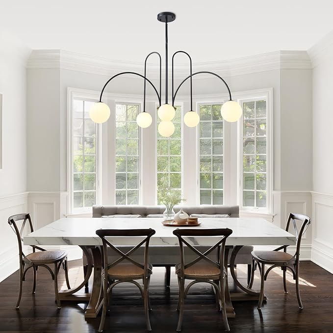 Modern Black Sputnik Chandelier 6-Light Mid Century Chandelier for Dining Room with Milky Glass Globe Ceiling Pendent Light Fixture for Living Room Kitchen Island Foyer Bedroom