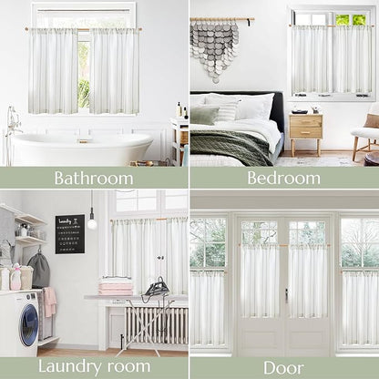 jinchan Linen Striped Kitchen Curtains Tier Cafe Curtains for Living Room Bathroom RV 36 Inch Farmhouse Rustic Half Window Treatment Light Filtering 2 Panels Green on White