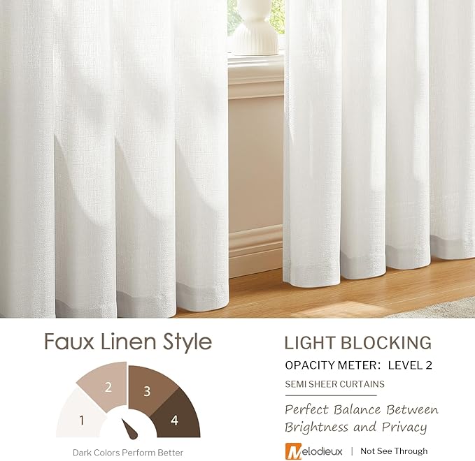 Melodieux Ivory Semi Sheer Curtains 63 Inch Length for Bedroom Living Room, Farmhouse Linen Texture Light Filtering Home Office Shiny Sheer Drapes Rod Pocket, 52" W x 63" L, 2 Panels