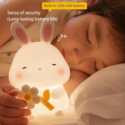 Led Cute Flower Bunny Night Light, Dimmable Timer Kawaii Lamps, Super Squishy Silicone USB Rechargeable Touch Control Night Lamp, Used for Camping Party Room Decor (Bunny with Flower)