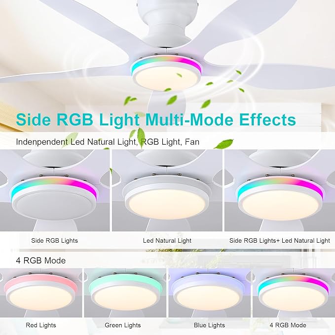 Ceiling Fans with Lights, 46 inch Modern Low Profile Ceiling Fan with Light and Remote App Control, Flush Mount, Quiet DC Reversible, RGB Led Ceiling Fan for Bedroom Kitchen Indoor/Outdoor Patio White