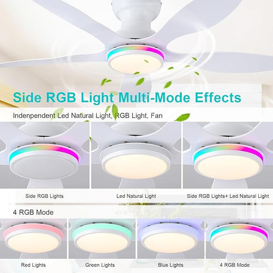 Ceiling Fans with Lights, 46 inch Modern Low Profile Ceiling Fan with Light and Remote App Control, Flush Mount, Quiet DC Reversible, RGB Led Ceiling Fan for Bedroom Kitchen Indoor/Outdoor Patio White