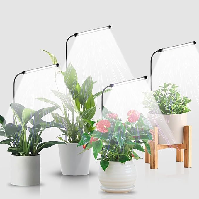 Grow Light for Indoor Plants Growing, 6000K Full Spectrum Gooseneck Plant Lamp for Seedings Succulents Small Plants, Auto On/Off Timing & 5 Dimming, 4 Pack