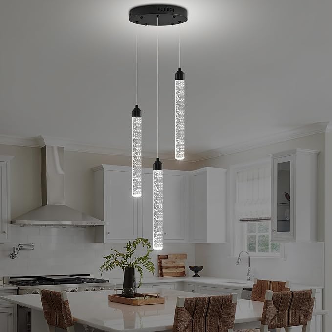 Crystal Kitchen Island Chandelier, Modern Black Spiral Dimmable LED Cluster Raindrop Foyer Chandelier Lighting, Bubble Dining Room Hanging Light Fixture 3 Light Remote Control