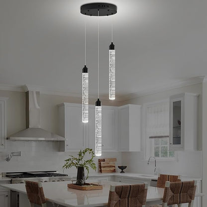 Crystal Kitchen Island Chandelier, Modern Black Spiral Dimmable LED Cluster Raindrop Foyer Chandelier Lighting, Bubble Dining Room Hanging Light Fixture 3 Light Remote Control