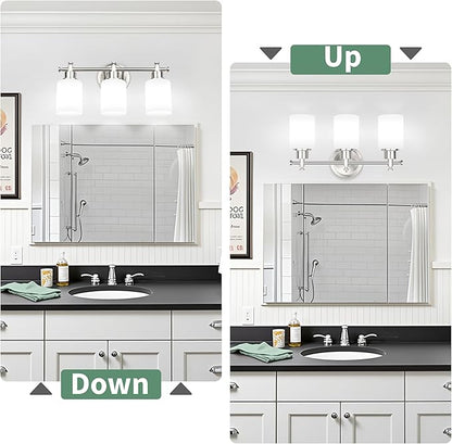 3-Light Bathroom Vanity Light Fixture, Brushed Nickel Compact Vanity Light with White Frosted Glass Shades for Mirror, Bathroom, Living Room, Modern Style, E26 Base, 16 Inch
