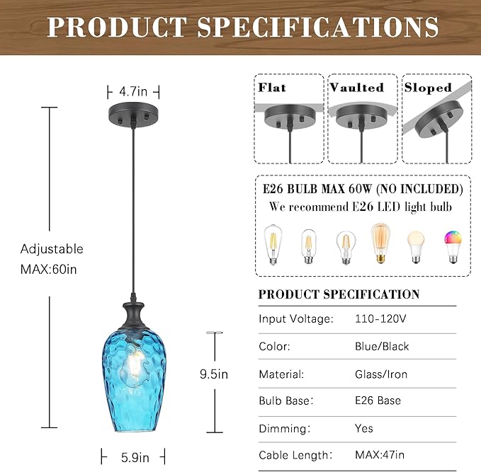 Pendant Lights Kitchen Island 2 Pack, Blue Glass Pendant Light Fixtures with Hammered Glass, Modern Hanging Light for Kitchen Sink Dining Room Bedroom