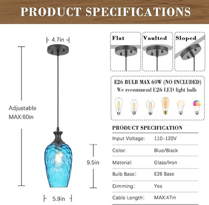 Pendant Lights Kitchen Island 2 Pack, Blue Glass Pendant Light Fixtures with Hammered Glass, Modern Hanging Light for Kitchen Sink Dining Room Bedroom
