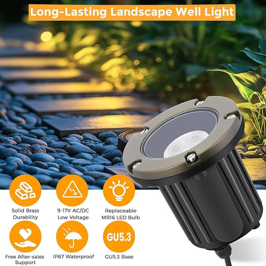 Gardencoin Brass Low Voltage Landscape Well Lights (5" Cover, 5.5" Tall), 12V LED Wired In-Ground Outdoor Up Lighting Fixture Waterproof, Adjustable Beam Direction Base, Without MR16 Bulb (4 Pack)