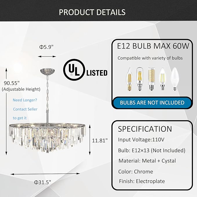 Modern Crystal Chandelier Chrome, 32" Round Luxury Top K9 Crystal Chandeliers 6-Tier 13 Lights Large Adjustable Height Ceiling Hanging Pendant Light Fixture for Living Room Bedroom Foyer