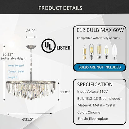 Modern Crystal Chandelier Chrome, 32" Round Luxury Top K9 Crystal Chandeliers 6-Tier 13 Lights Large Adjustable Height Ceiling Hanging Pendant Light Fixture for Living Room Bedroom Foyer