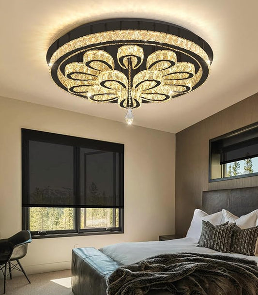 Modern Chandeliers for Living Room Crystal Chandelier Ceiling Light Fixture LED Dimmable with Remote Pendant Lighting Flush Mount Lighting for Dining Room Bedroom Black