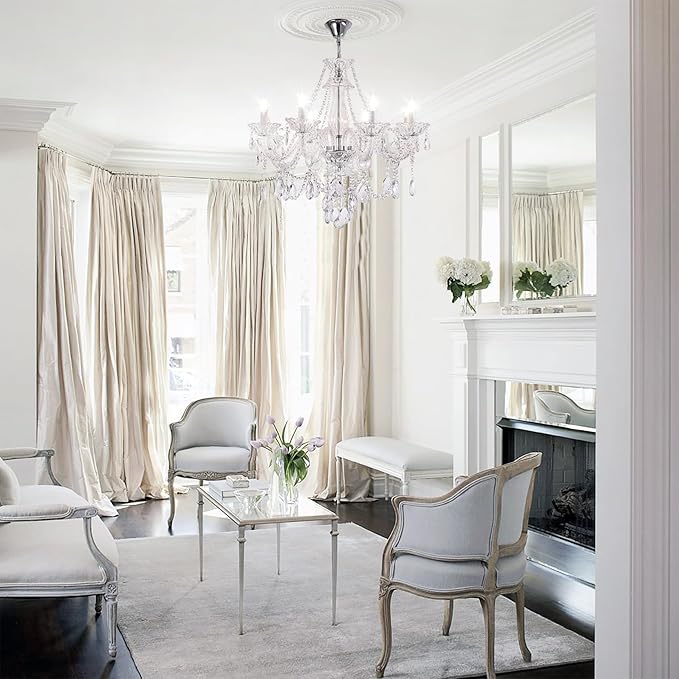 Contemporary Clear Crystal Chandelier, Elegant Candle Style Chandelier Lighting Fixture for Dining Room Living Room Bedroom Hallway Entryway 8 White E12 Lamp Sockets