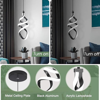 Modern Led Pendant Light Fixture, 15W Black Spiral Led Chandelier Hanging Lamp, 4500K Daylight White Pendant Lamp, Adjustable Height Pendant Light for Kitchen Dining Room Bedroom Kitchen Island Cafe