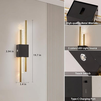 Battery Operated Wall Sconces Set of Two, Rechargeble Modern Crystal Bathroom Wall Sconces, 3000K-6000K Dimmable Gold LED Wireless Wall Lights for Vanity Bedroom Living Room Hallway（black gold）
