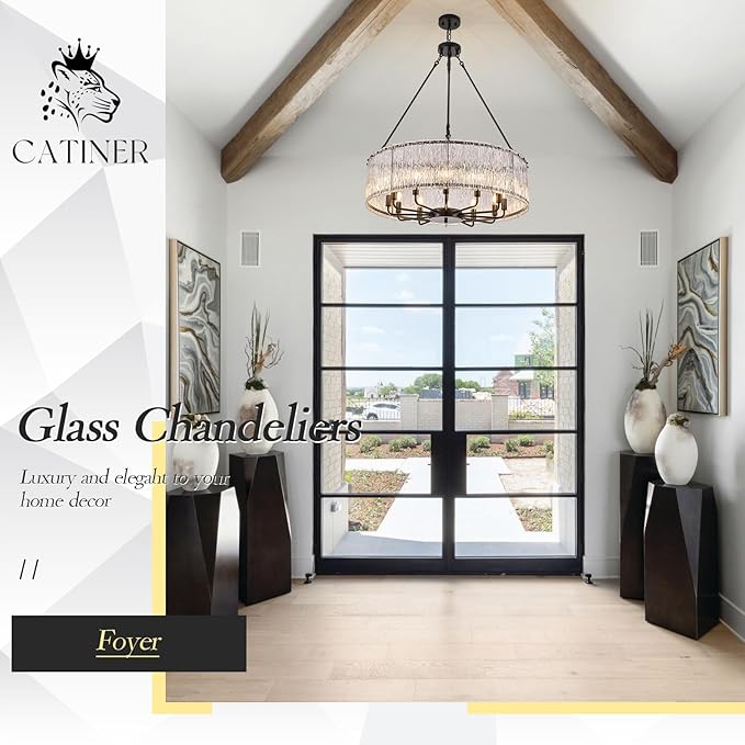 CATINER 12-Light Crystal Glass Chandeliers Modern 30" Black Drum Chandelier Luxury Ceiling Pendant Light Fixture for Living Room Dining Room Kitchen Foyer Bedroom