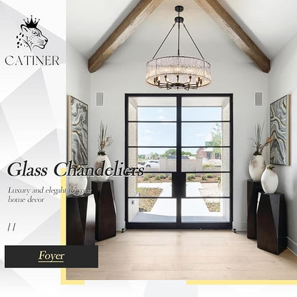 CATINER 12-Light Crystal Glass Chandeliers Modern 30" Black Drum Chandelier Luxury Ceiling Pendant Light Fixture for Living Room Dining Room Kitchen Foyer Bedroom