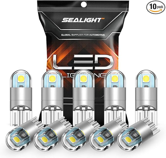 SEALIGHT 194 LED Bulb 6000K White, License Plate Light, Dome Light, T10 168 2825 W5W 3030 Bright Chips Wedge for Replacement Light Bulb, Map Trunk Door Courtesy Dash LED Light Bulb,Pack of 10