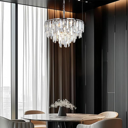 Modern Chrome Crystal Chandelier, 18" Round Chandeliers for Dining Room 4-Tier 6 Lights Luxury Top K9 Crystal Ceiling Pendant Light Fixture for Foyer Bedroom Closet