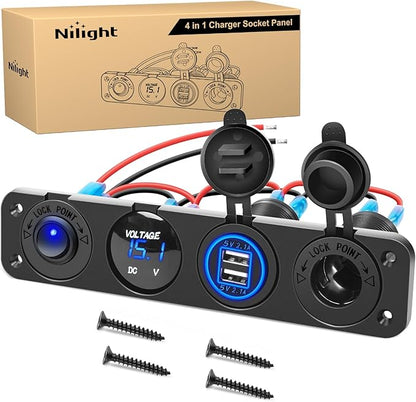 Nilight 4 in 1 Outlet Socket Panel 12V DC 4.8A Dual USB 12 Volt Cigarette Lighter LED Voltmeter ON Off Rocker Toggle Switch for Marine Boat Truck Car