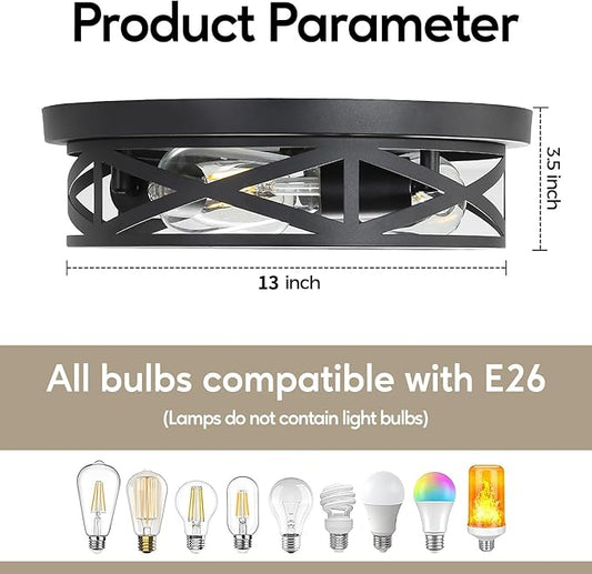 Farmhouse Cage Ceiling Light Fixtures, 3-Light Indoor Close to Ceiling Lights, 13 Inch Round Vintage Metal Flush Mount Ceiling Lights for Bedroom, Living Room, Porch Kitchen Entrance, Black