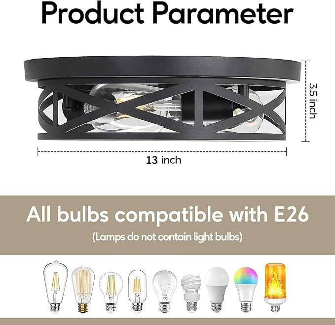 13 Inch Close to Ceiling Light Fixtures 2 Pack, 3-Lights Farmhouse Flush Mount Ceiling Light, Black Indoor Metal Cage Semi Flush Mount Ceiling Light for House Hallway Kitchen Bedroom