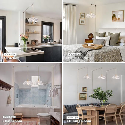 Shenmoyl Plug in Pendant Light Hanging Light Fixtures with Plugin Cord On/Off Switch,Clear Scindapsus Glass Lampshade Brass Pendant Light