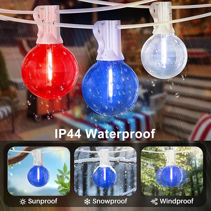 LAMPHOME 4-Pack 26Ft Outdoor Red White Blue String Lights, Patriotic Patio Light with 12+1 Edison Bulbs, LED Shatterproof String Lights for Outside Bistro Christmas Patio Party Decorations