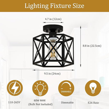 Modern Farmhouse Black Ceiling Light,Industrial Semi Flush Mount Ceiling Lighting Fixture,Hexagonal Hallway Lighting Fixtures for Kitchen,Bedroom,Foyer,Entryway,Laundry Room,1-Light, 9.5 Inch