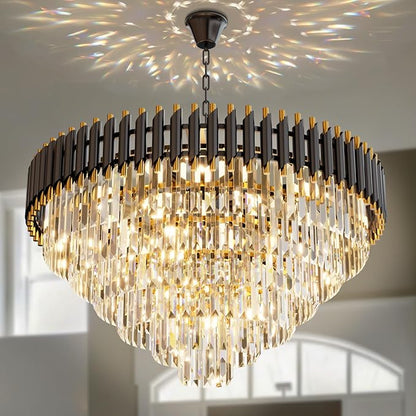 32 inch Black Gold Crystal Chandelier 6-Tier Modern Luxury Pendant Light Fixture for High Ceiling 13-Light Large K9 Crystal Lighting for Foyer Living Room Dining Room